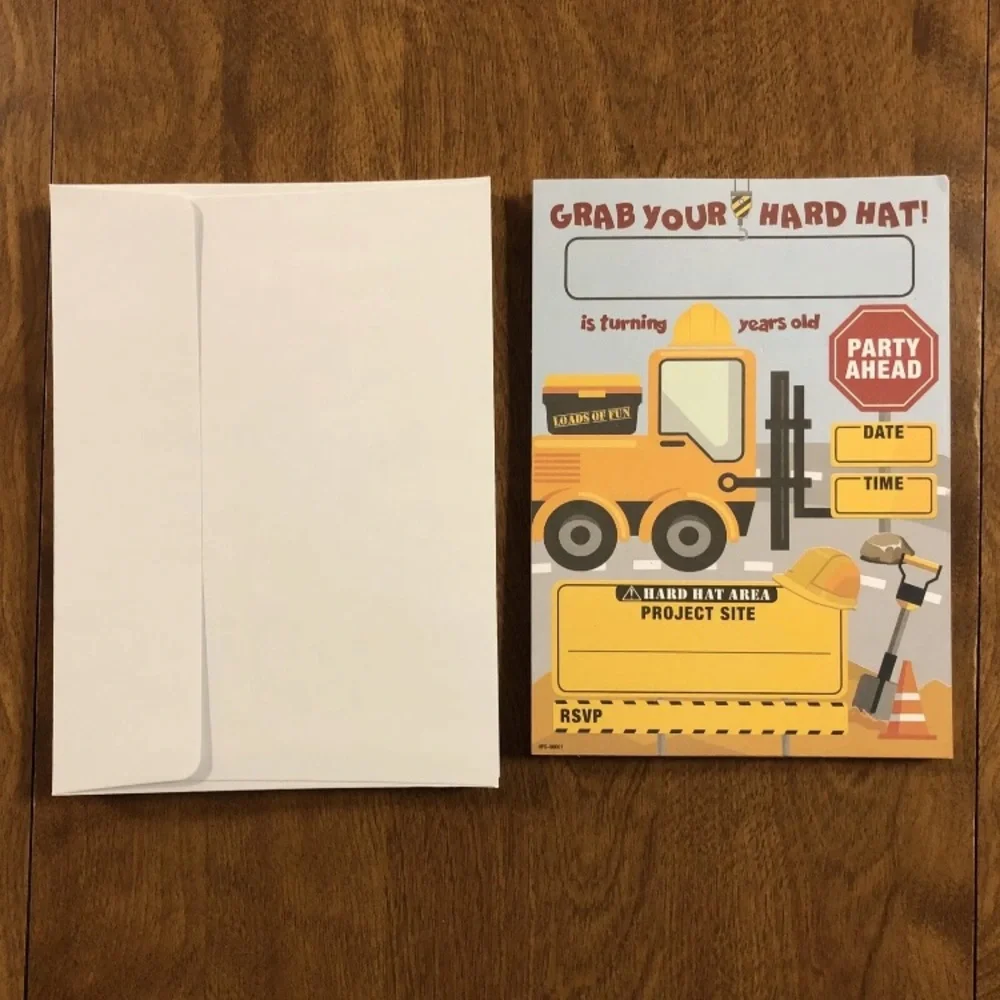 Construction Party Birthday Invitations with Envelopes Pack of 20